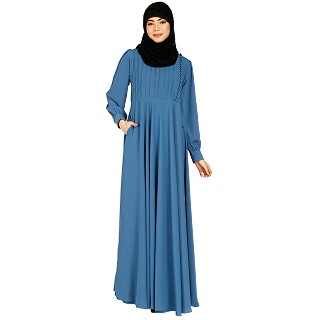 Umbrella abaya with potli buttons neck design- French Blue